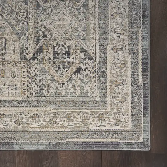 10' Ivory And Charcoal Medallion Distressed Runner Rug With Fringe Photo 7