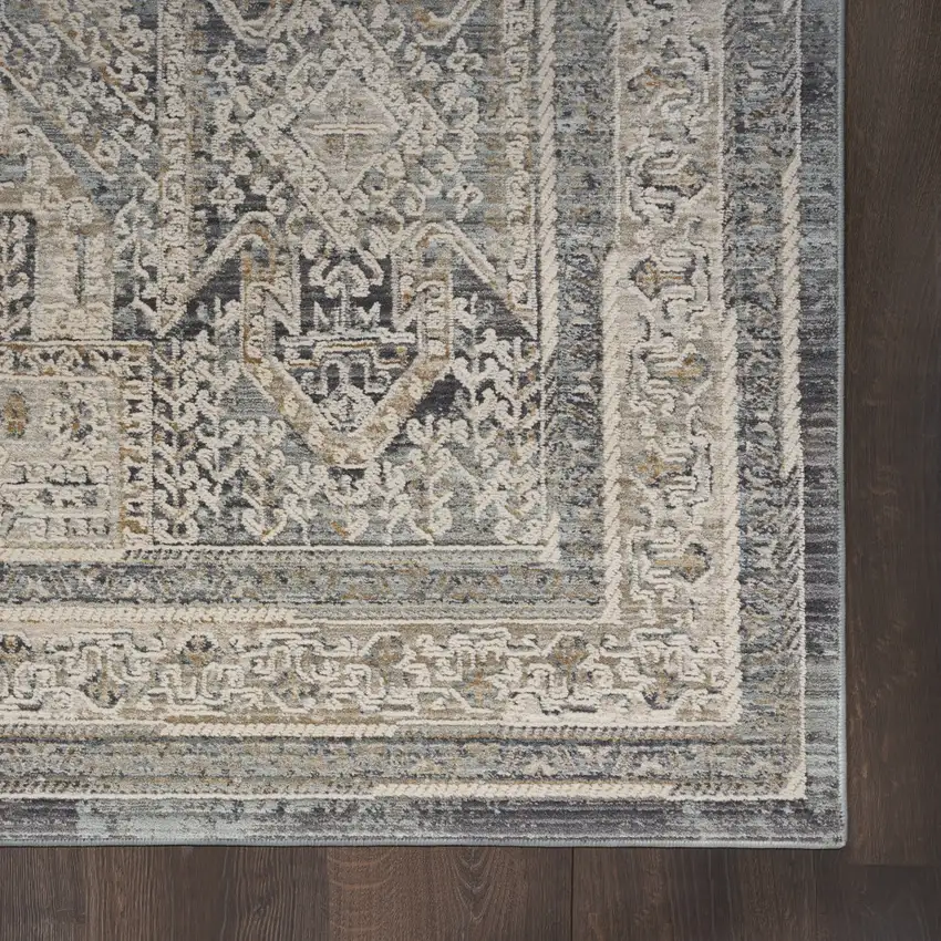 10' Ivory And Charcoal Medallion Distressed Runner Rug With Fringe Photo 7