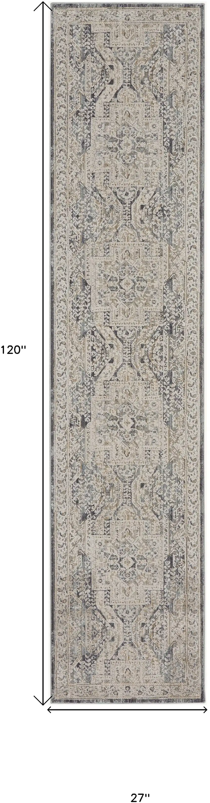 10' Ivory And Charcoal Medallion Distressed Runner Rug With Fringe Photo 3