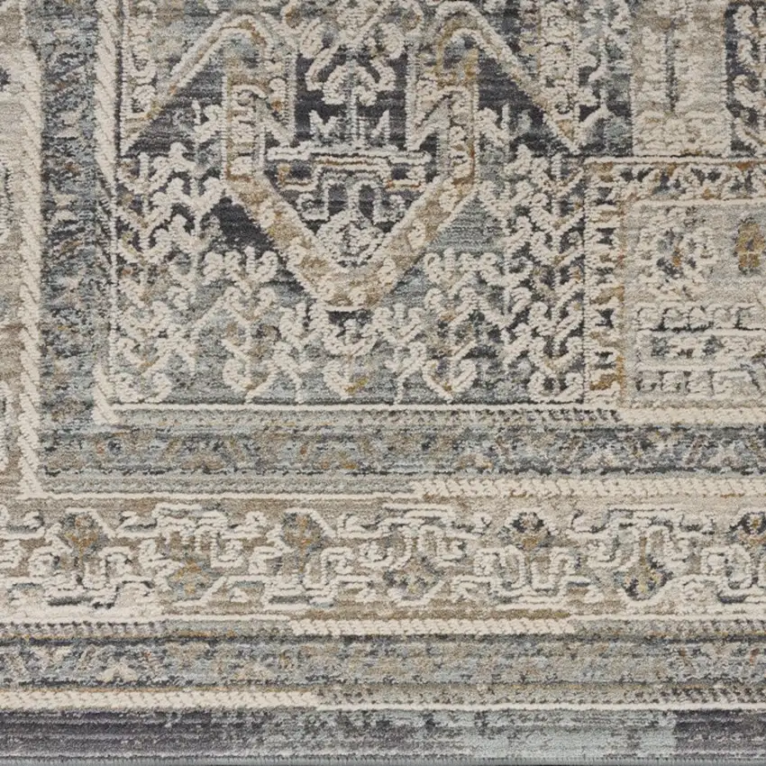 12' Ivory And Charcoal Medallion Distressed Runner Rug With Fringe Photo 7