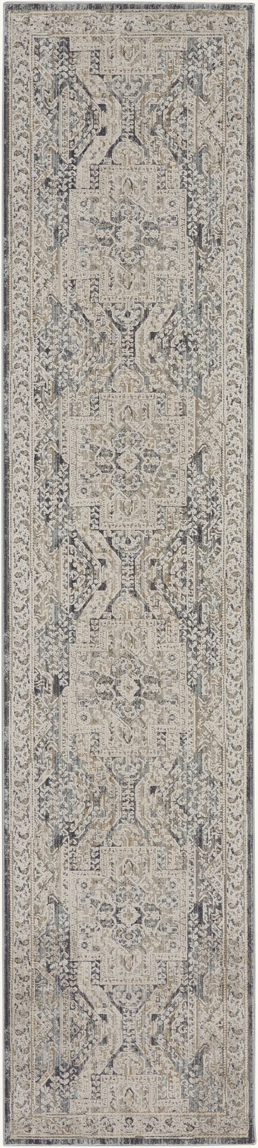 12' Ivory And Charcoal Medallion Distressed Runner Rug With Fringe Photo 6