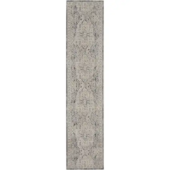 12' Ivory And Charcoal Medallion Distressed Runner Rug With Fringe Photo 6