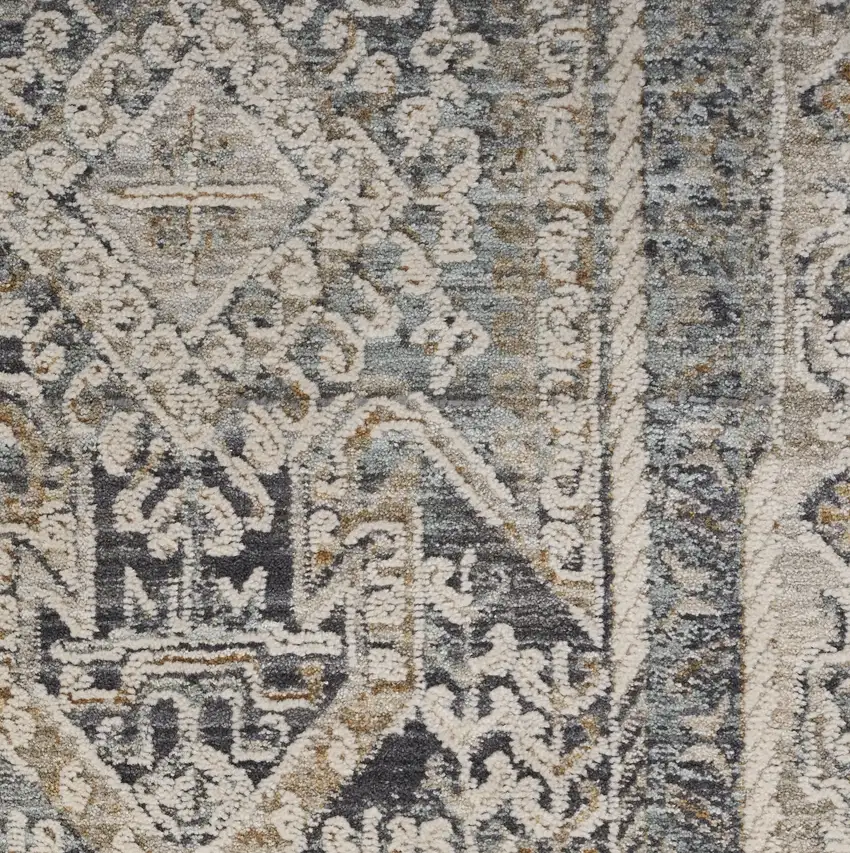 12' Ivory And Charcoal Medallion Distressed Runner Rug With Fringe Photo 3