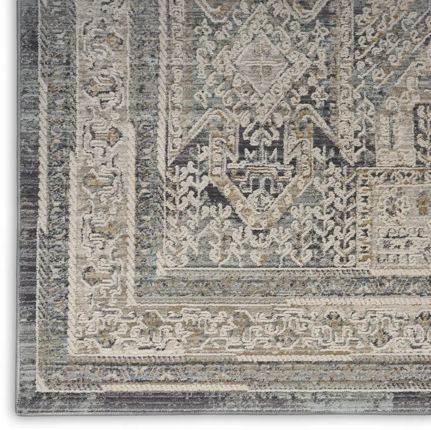 12' Ivory And Charcoal Medallion Distressed Runner Rug With Fringe Photo 9