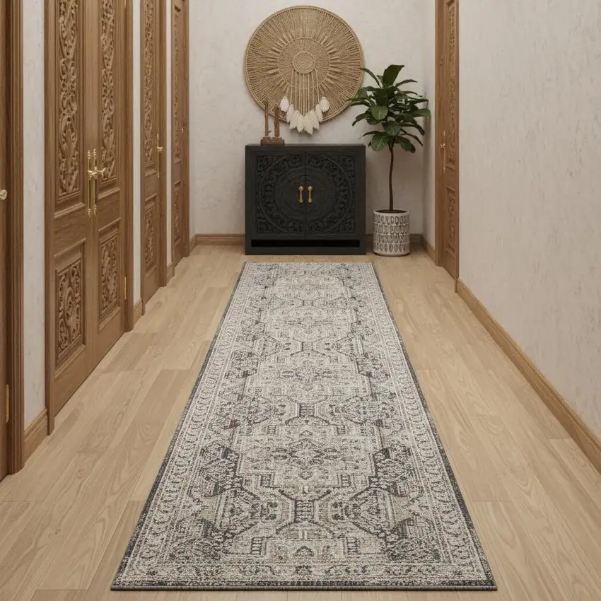 12' Ivory And Charcoal Medallion Distressed Runner Rug With Fringe Photo 1