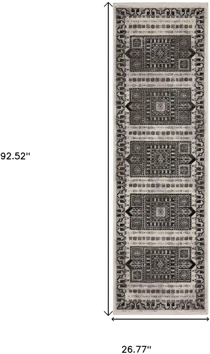 8' Ivory And Charcoal Oriental Runner Rug With Fringe Photo 3