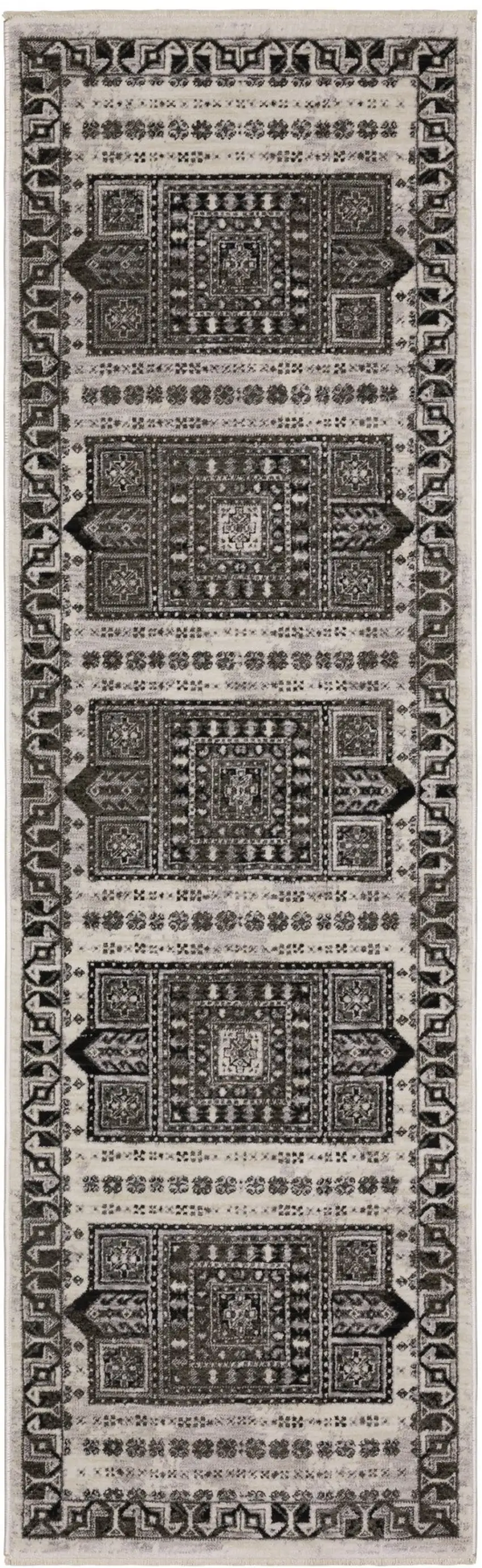 8' Ivory And Charcoal Oriental Runner Rug With Fringe Photo 2