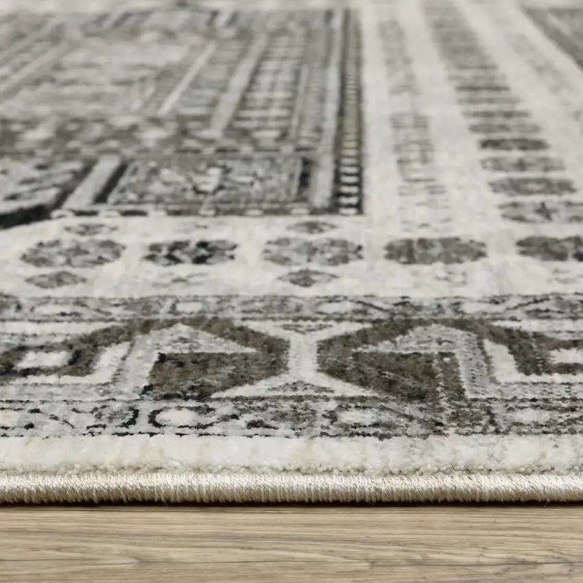 8' Ivory And Charcoal Oriental Runner Rug With Fringe Photo 5