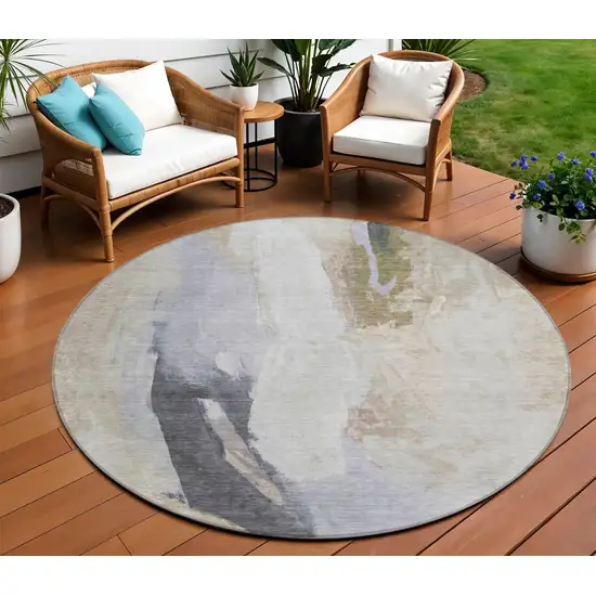 8' Ivory And Charcoal Round Abstract Washable Indoor Outdoor Area Rug Photo 2