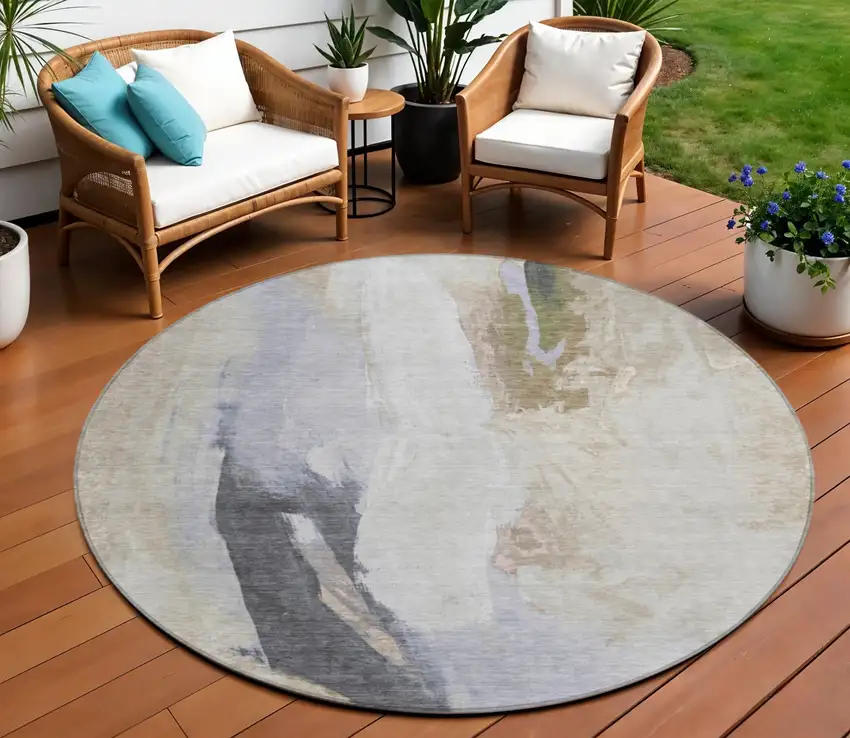 8' Ivory And Charcoal Round Abstract Washable Indoor Outdoor Area Rug Photo 2
