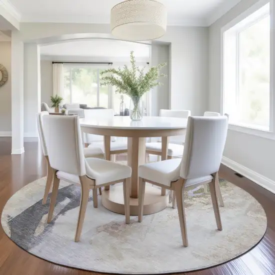 8' Ivory And Charcoal Round Abstract Washable Indoor Outdoor Area Rug Photo 6