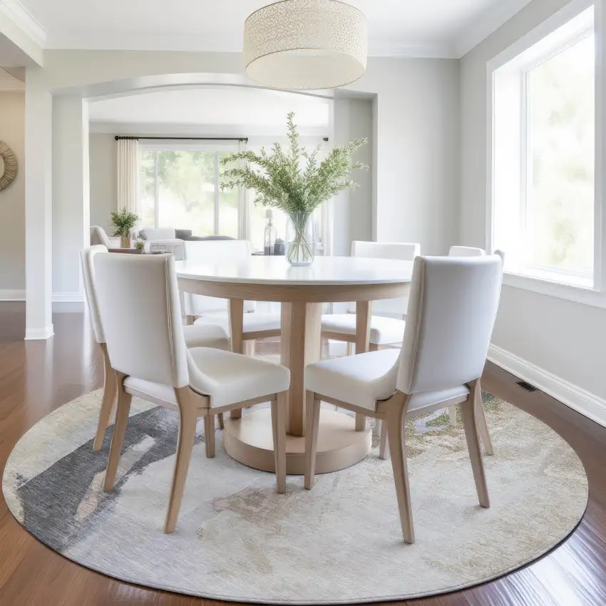 8' Ivory And Charcoal Round Abstract Washable Indoor Outdoor Area Rug Photo 6