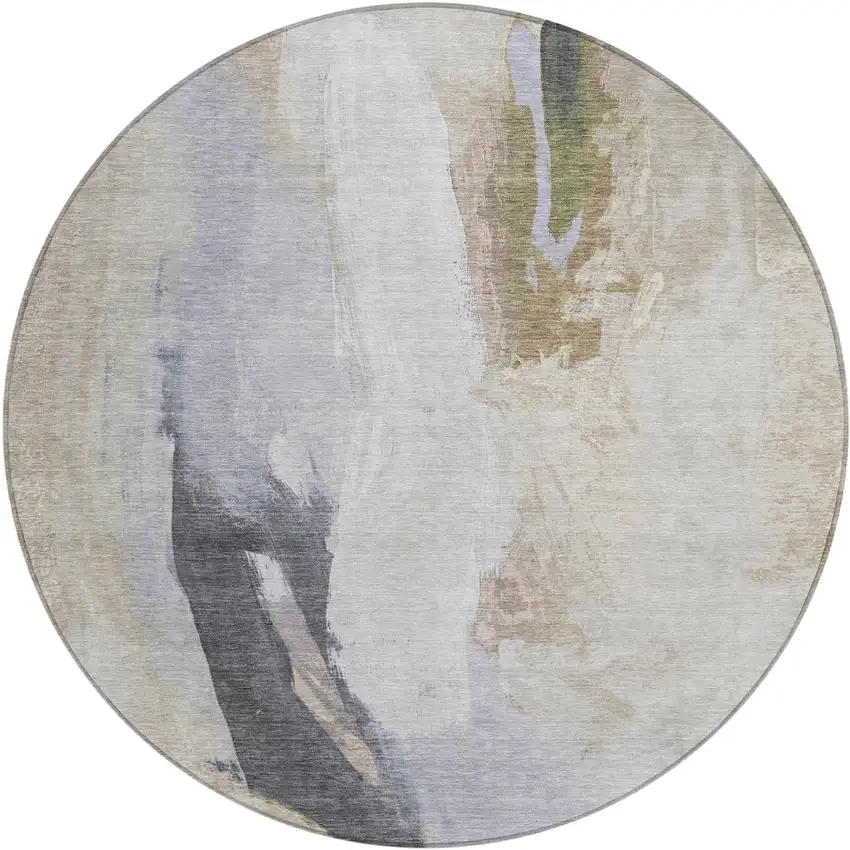 8' Ivory And Charcoal Round Abstract Washable Indoor Outdoor Area Rug Photo 1