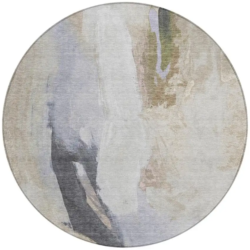 8' Ivory And Charcoal Round Abstract Washable Indoor Outdoor Area Rug Photo 3