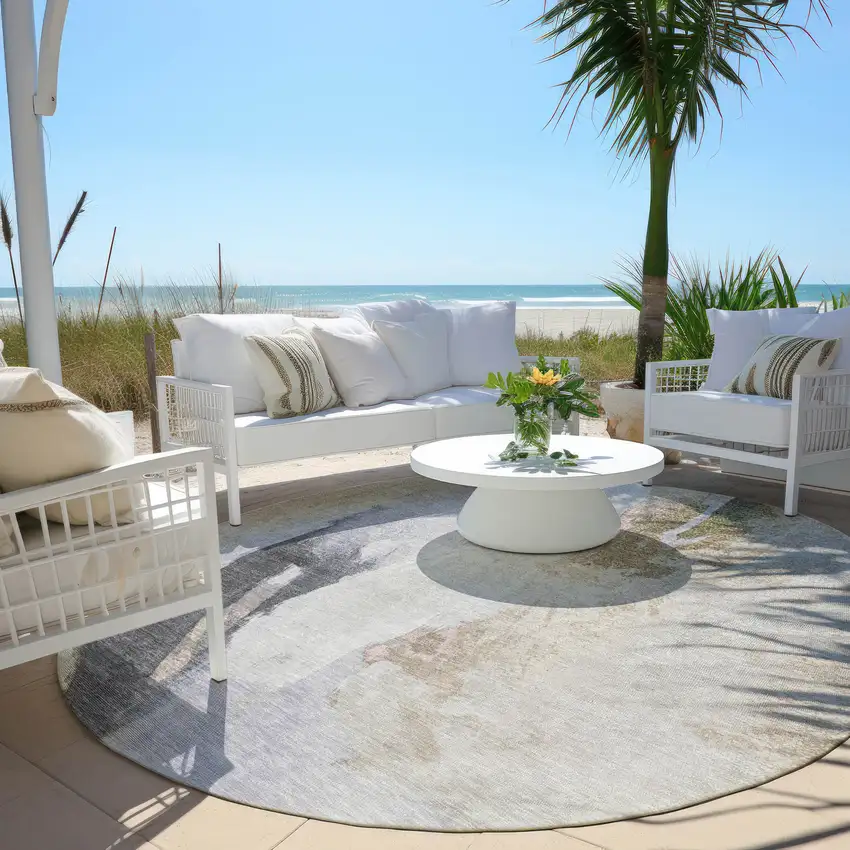 8' Ivory And Charcoal Round Abstract Washable Indoor Outdoor Area Rug Photo 5