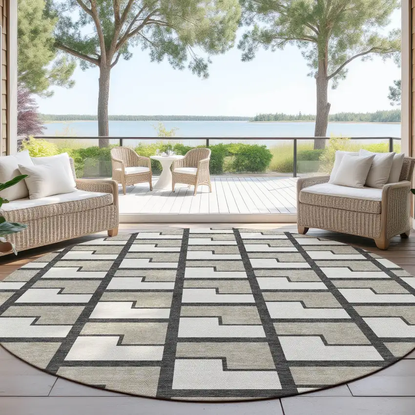 8' Ivory And Charcoal Round Geometric Washable Indoor Outdoor Area Rug Photo 4