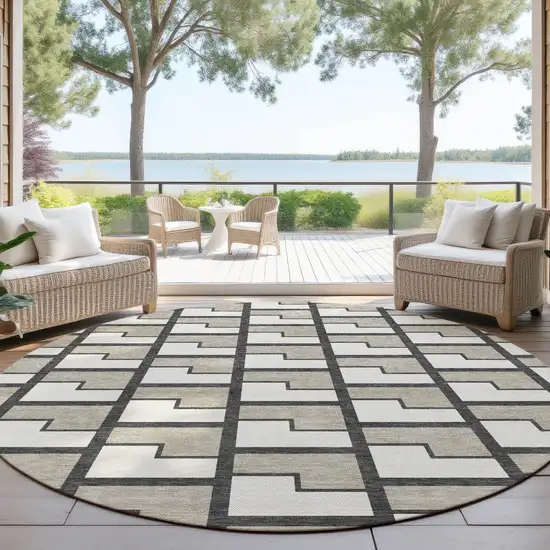 8' Ivory And Charcoal Round Geometric Washable Indoor Outdoor Area Rug Photo 4
