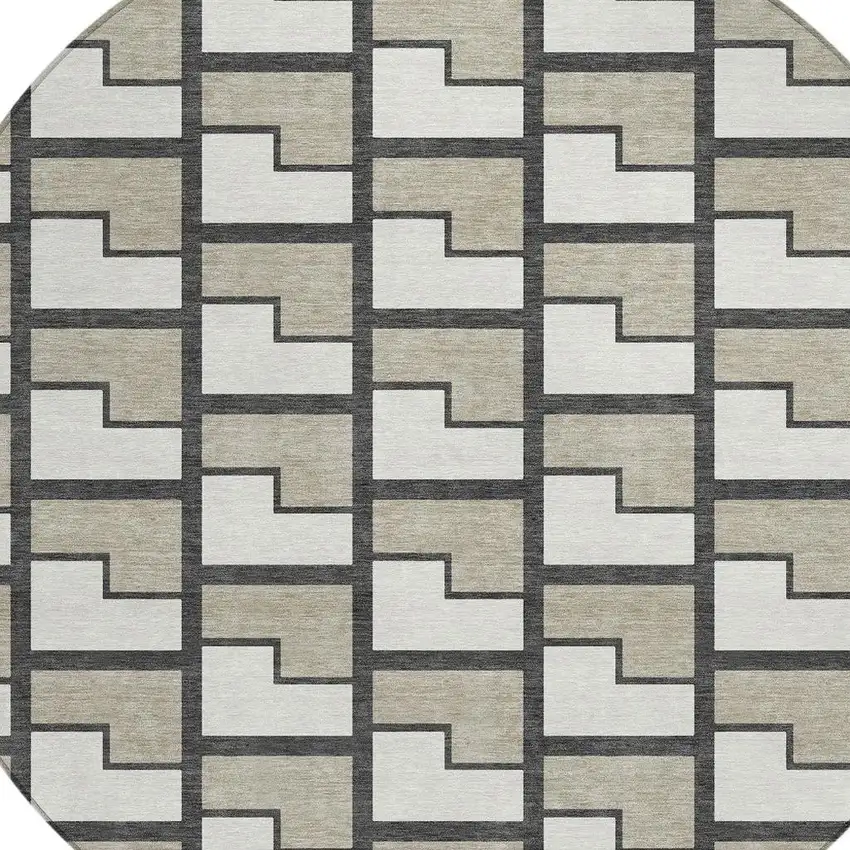 8' Ivory And Charcoal Round Geometric Washable Indoor Outdoor Area Rug Photo 2