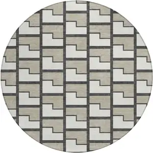 Photo of 8' Ivory And Charcoal Round Geometric Washable Indoor Outdoor Area Rug