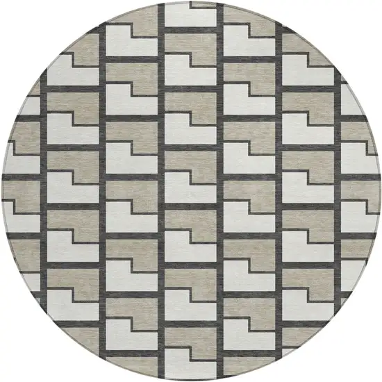 8' Ivory And Charcoal Round Geometric Washable Indoor Outdoor Area Rug Photo 1