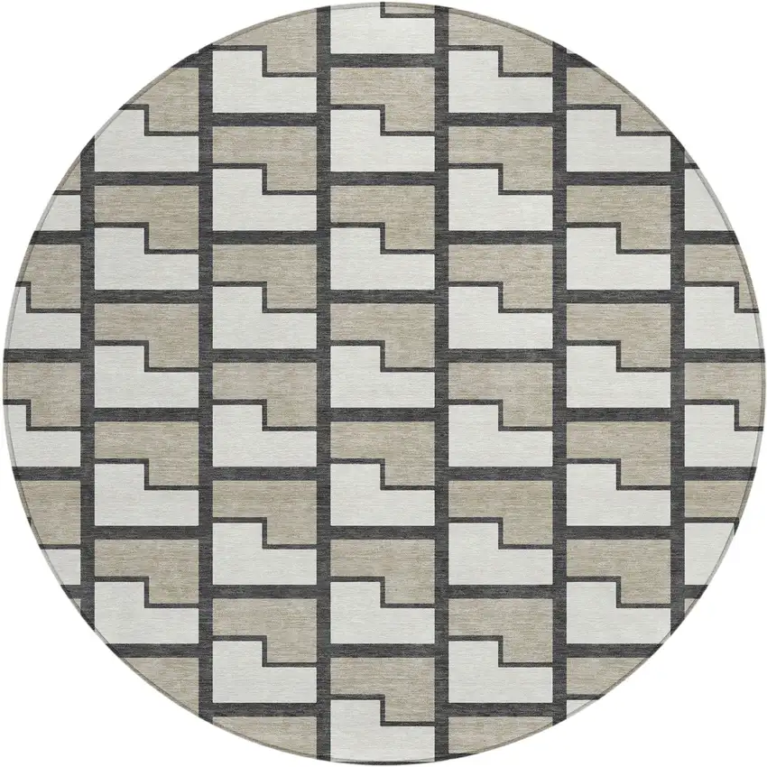 8' Ivory And Charcoal Round Geometric Washable Indoor Outdoor Area Rug Photo 1