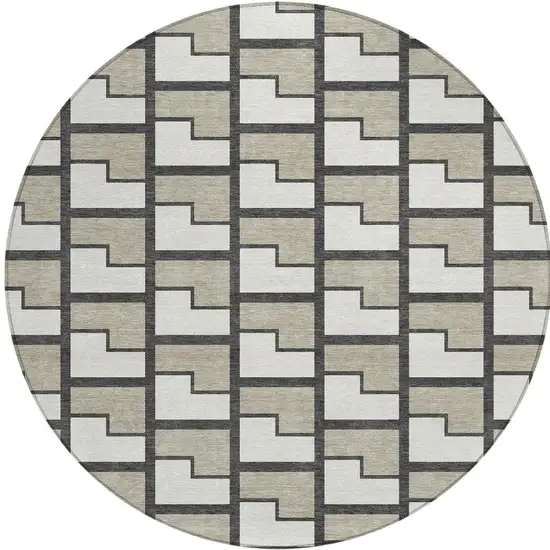 8' Ivory And Charcoal Round Geometric Washable Indoor Outdoor Area Rug Photo 3