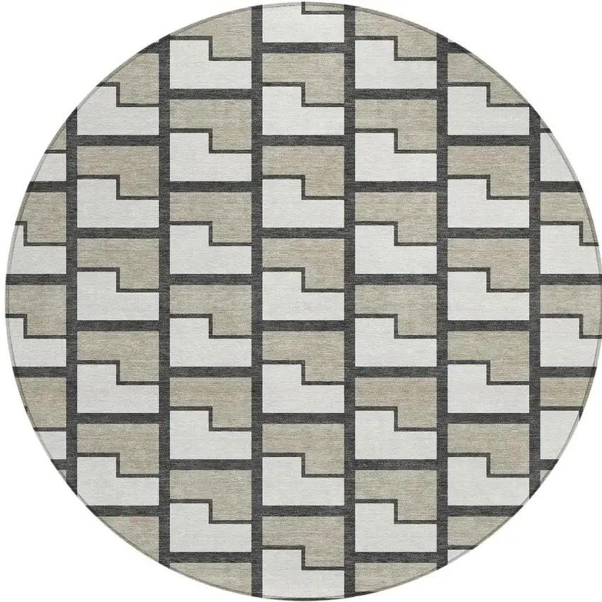 8' Ivory And Charcoal Round Geometric Washable Indoor Outdoor Area Rug Photo 3