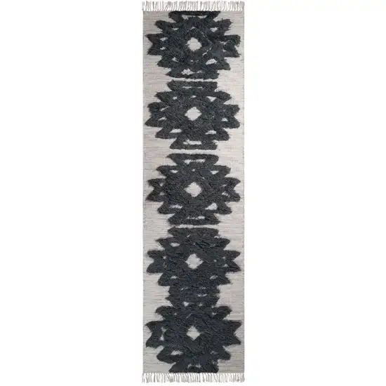 10' Ivory And Charcoal Wool Geometric Flatweave Handmade Stain Resistant Runner Rug With Fringe Photo 1