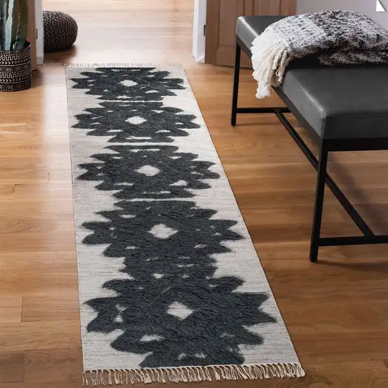 10' Ivory And Charcoal Wool Geometric Flatweave Handmade Stain Resistant Runner Rug With Fringe Photo 5