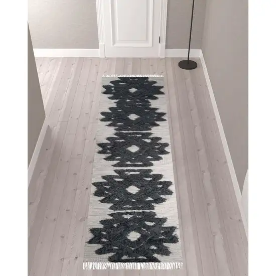 10' Ivory And Charcoal Wool Geometric Flatweave Handmade Stain Resistant Runner Rug With Fringe Photo 2