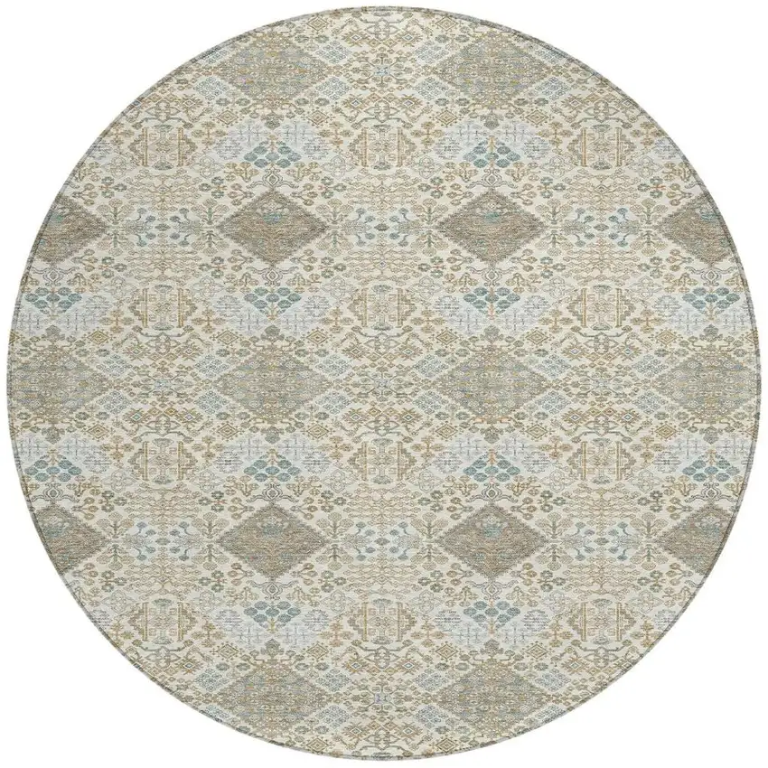 8' Ivory And Copper Round Geometric Washable Indoor Outdoor Area Rug Photo 3