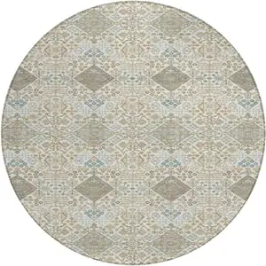 Photo of 8' Ivory And Copper Round Geometric Washable Indoor Outdoor Area Rug