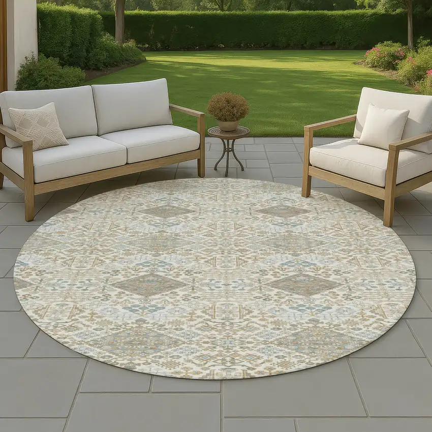 8' Ivory And Copper Round Geometric Washable Indoor Outdoor Area Rug Photo 4