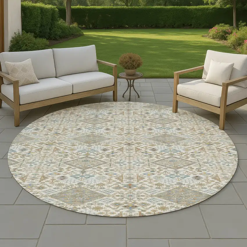 8' Ivory And Copper Round Geometric Washable Indoor Outdoor Area Rug Photo 4