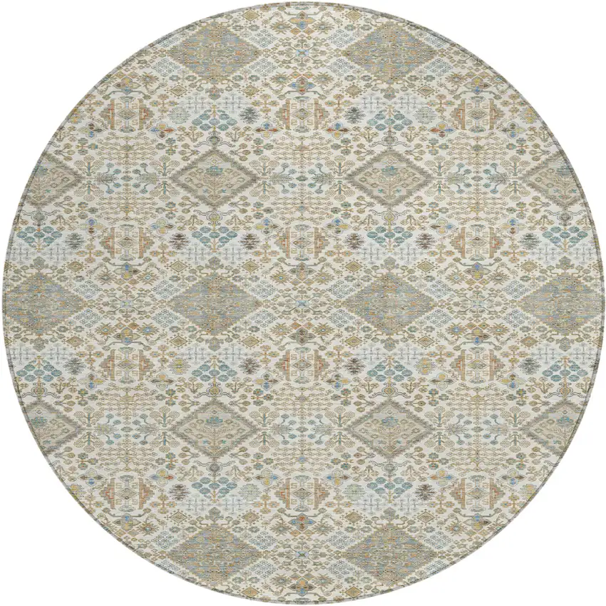 8' Ivory And Copper Round Geometric Washable Indoor Outdoor Area Rug Photo 1