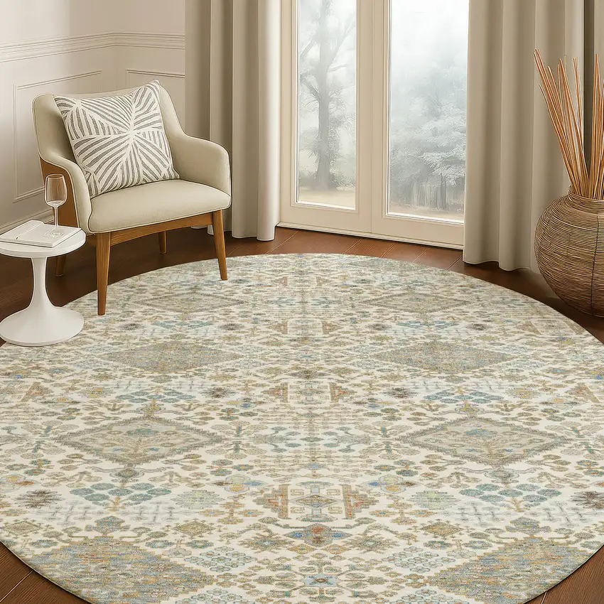 8' Ivory And Copper Round Geometric Washable Indoor Outdoor Area Rug Photo 5