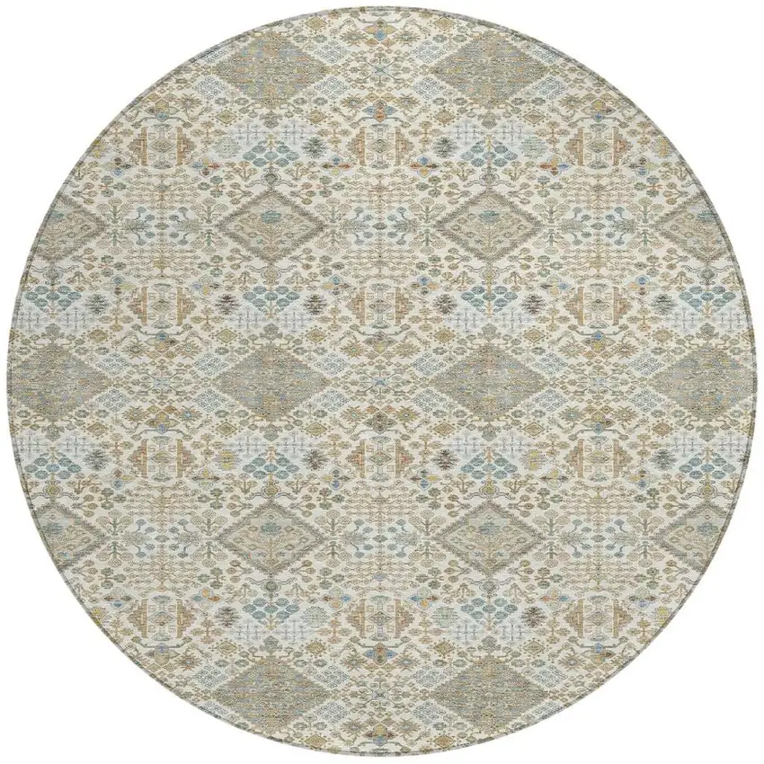 8' Ivory And Copper Round Geometric Washable Indoor Outdoor Area Rug Photo 3