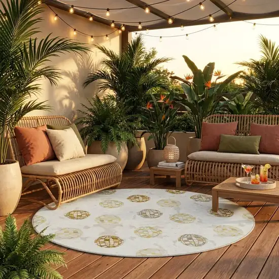 8' Ivory And Copper Round Geometric Washable Indoor Outdoor Area Rug Photo 1