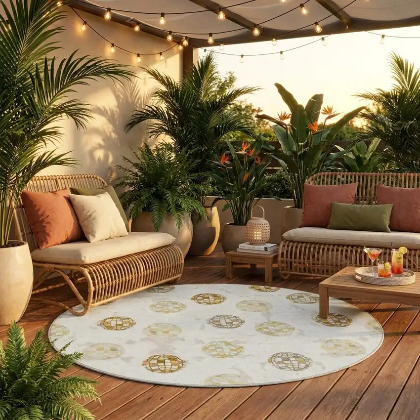 8' Ivory And Copper Round Geometric Washable Indoor Outdoor Area Rug Photo 1