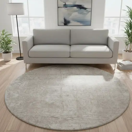 8' Ivory And Cream Abstract Washable Round Rug With UV Protection Photo 2