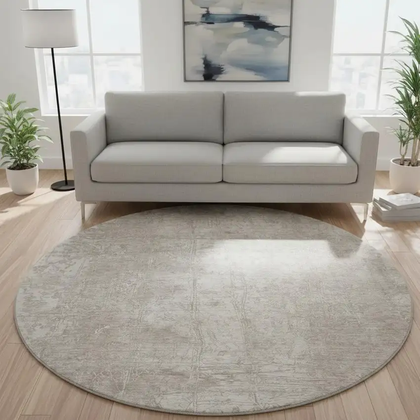 8' Ivory And Cream Abstract Washable Round Rug With UV Protection Photo 2