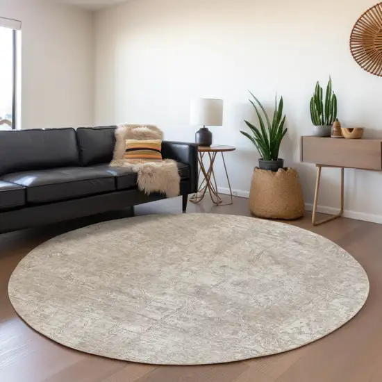8' Ivory And Cream Abstract Washable Round Rug With UV Protection Photo 5
