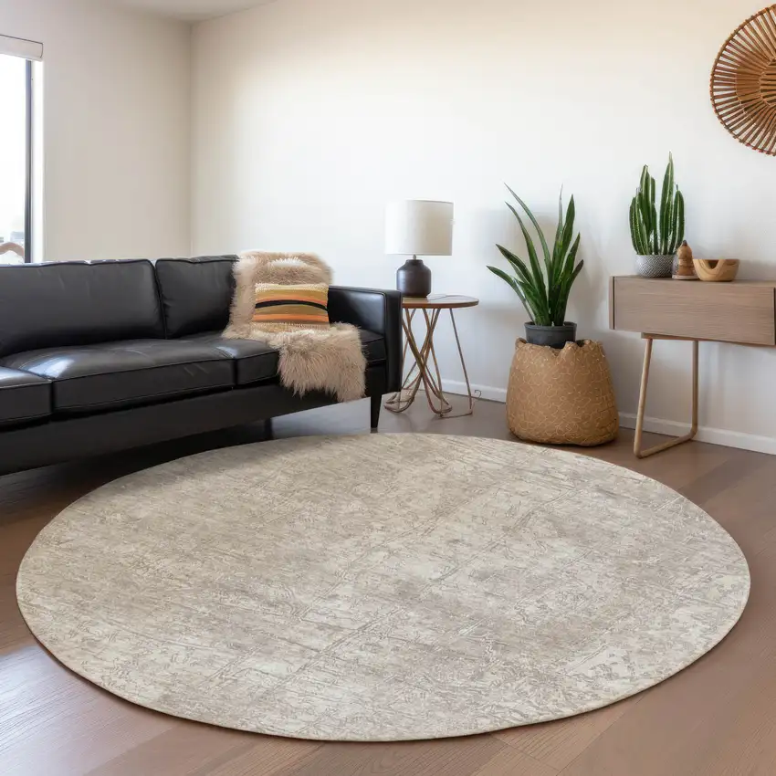 8' Ivory And Cream Abstract Washable Round Rug With UV Protection Photo 5