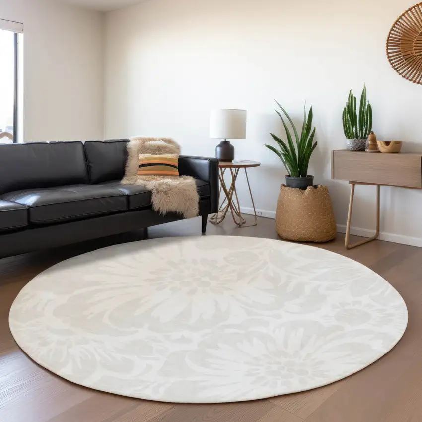 8' Ivory And Cream Floral Washable Round Rug With UV Protection Photo 5