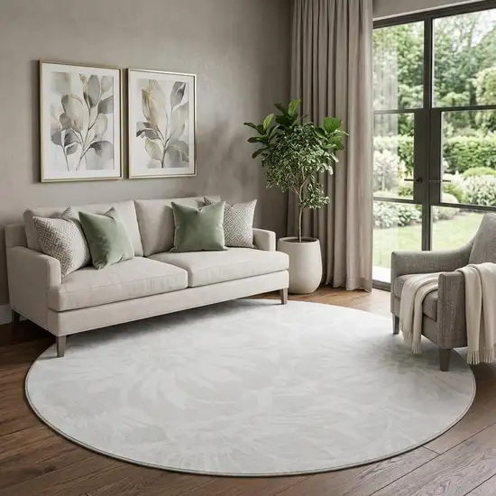 8' Ivory And Cream Floral Washable Round Rug With UV Protection Photo 1