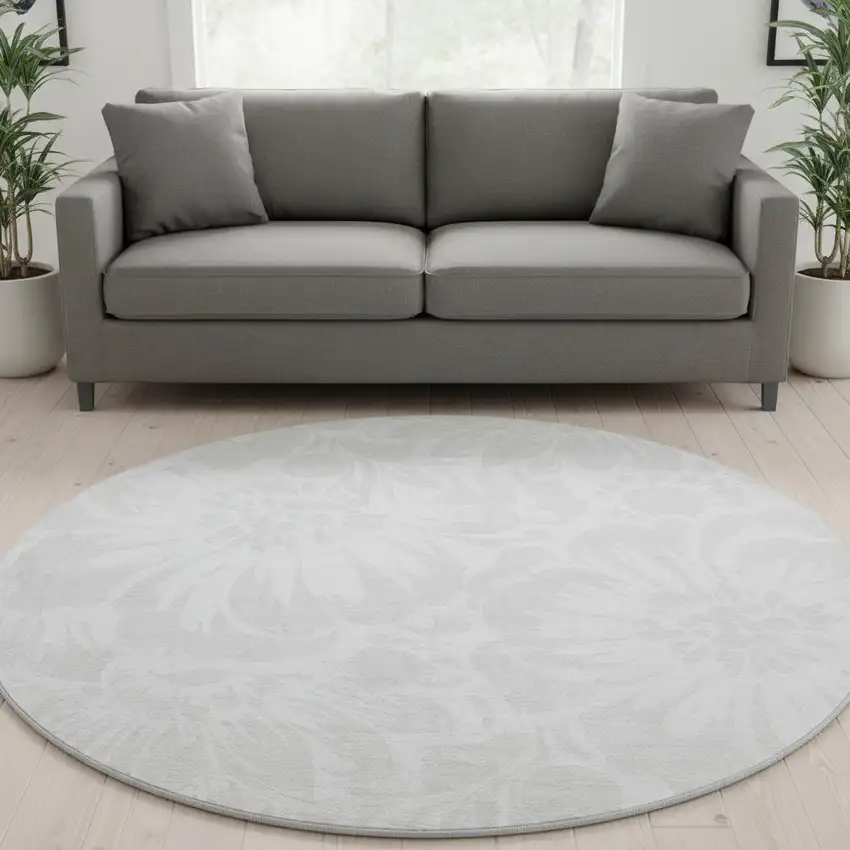 8' Ivory And Cream Floral Washable Round Rug With UV Protection Photo 3