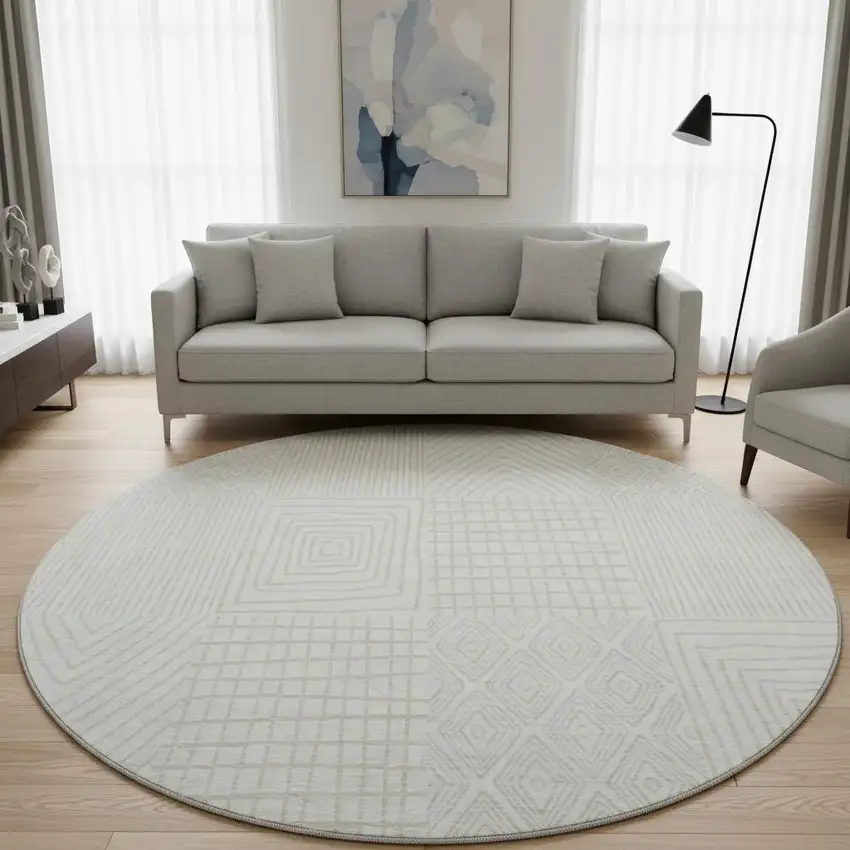 8' Ivory And Cream Geometric Washable Round Rug With UV Protection Photo 2