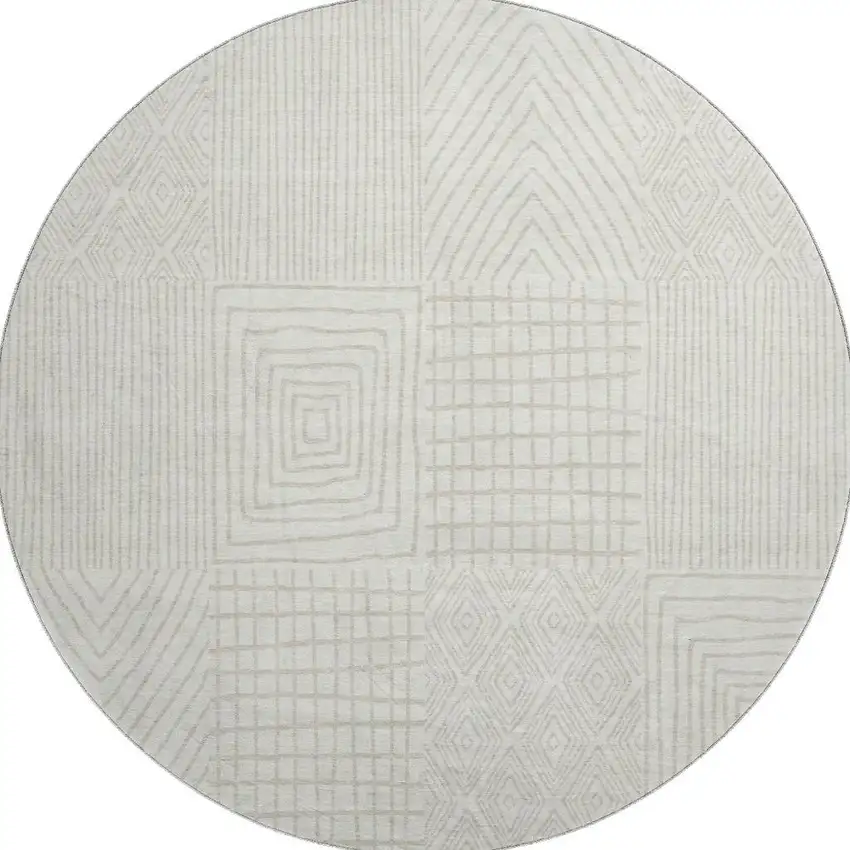 8' Ivory And Cream Geometric Washable Round Rug With UV Protection Photo 3