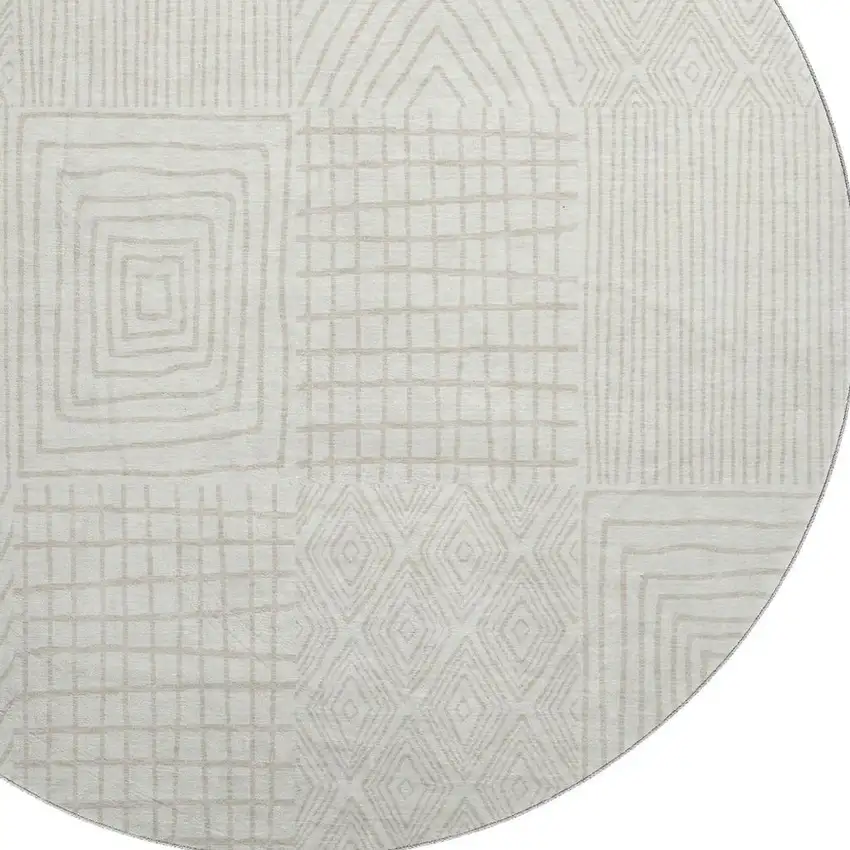 8' Ivory And Cream Geometric Washable Round Rug With UV Protection Photo 2