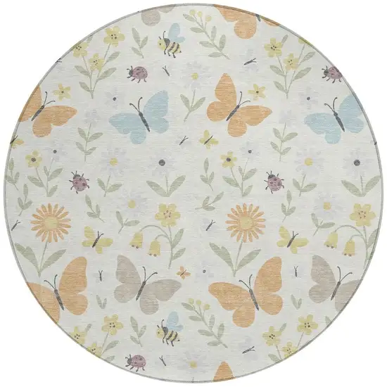 8' Ivory And Cream Round Abstract Washable Indoor Outdoor Area Rug Photo 1
